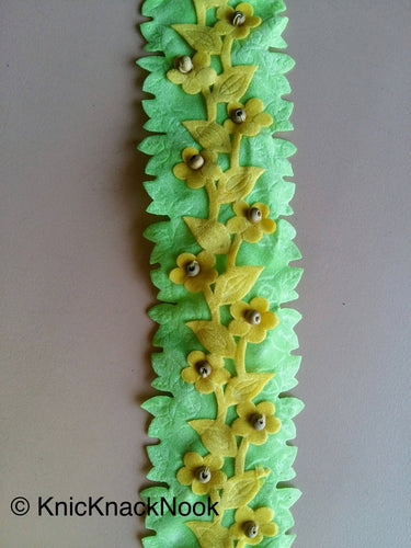 Wholesale Green And Yellow Floral Fabric Trim Ribbon With Wood Beads, Approx. 45mm Wide Decorative Craft Trimming Trim By 9 Yards